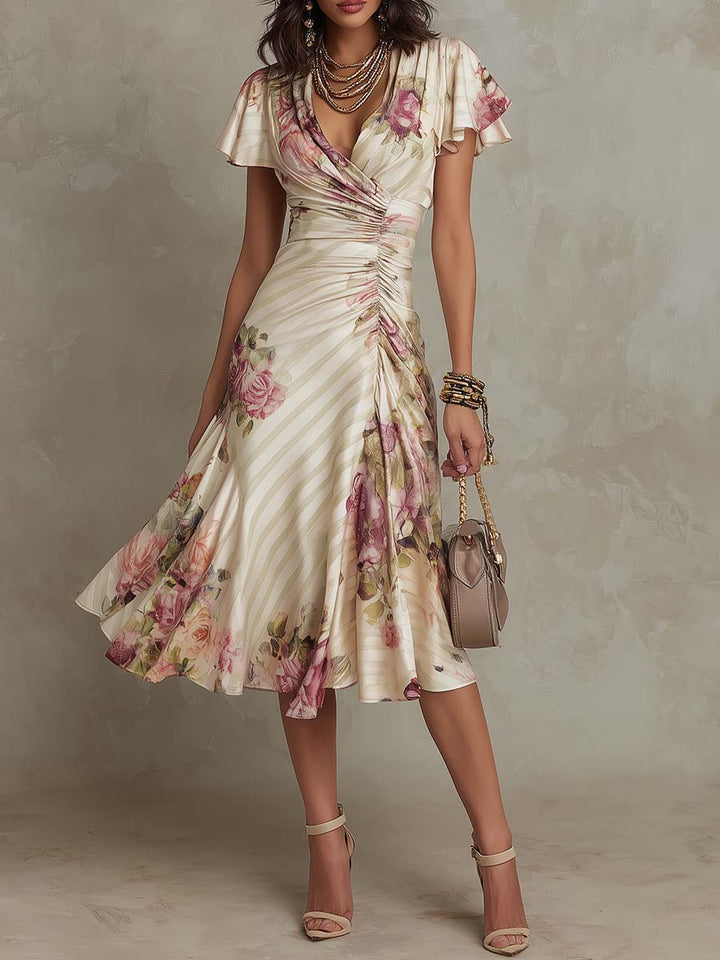 Alba Damen Retro Satin Midi Kleid mit Blumenmuster 0