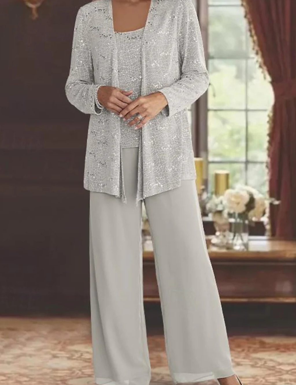 Buksedragt Dame til Fest - Elegant Tredelt Buksedragt til Bryllup med Pailletter og Blonde Detaljer - Jumpsuit Kvinder 1