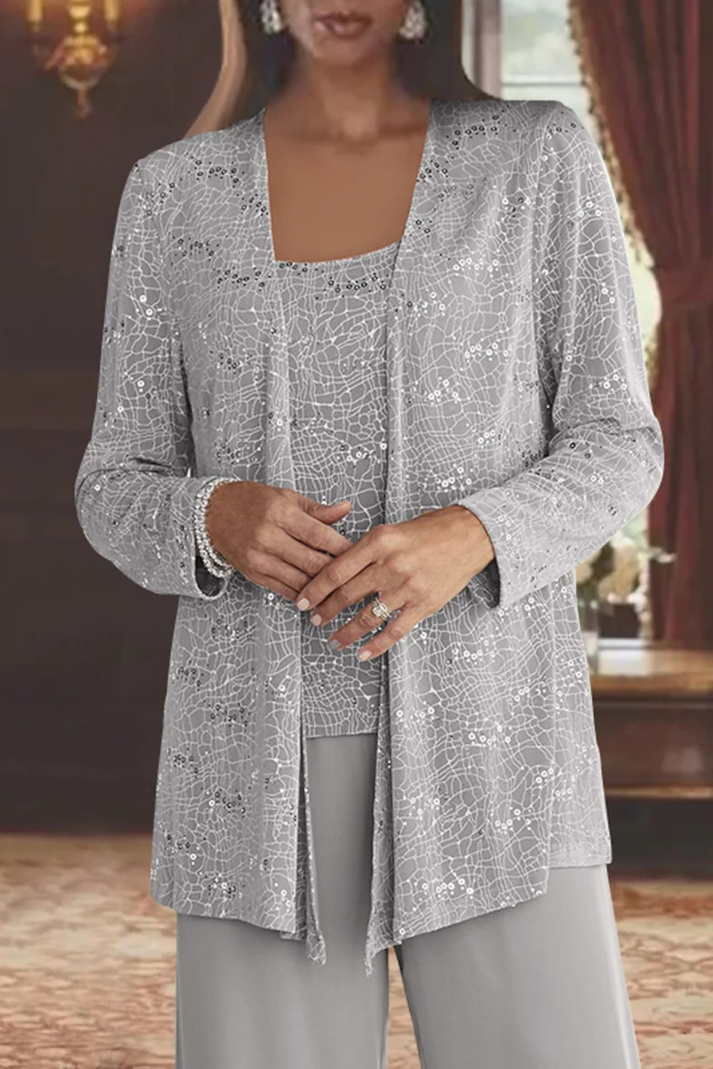 Buksedragt Dame til Fest - Elegant Tredelt Buksedragt til Bryllup med Pailletter og Blonde Detaljer - Jumpsuit Kvinder 2