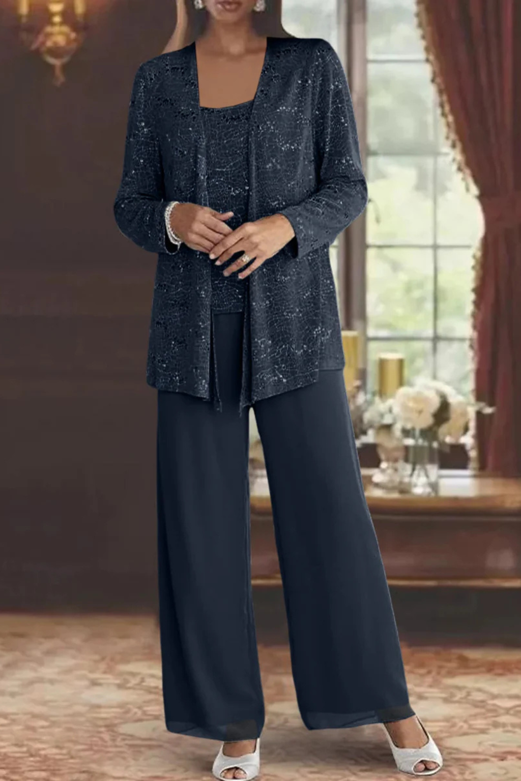Buksedragt Dame til Fest - Elegant Tredelt Buksedragt til Bryllup med Pailletter og Blonde Detaljer - Jumpsuit Kvinder 7