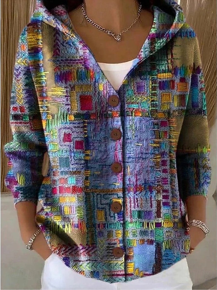 Bunte Damen Strickjacke mit Kapuze und Knopfleiste – Lockerer Hoodie Cardigan für Alltag und Freizeit 0