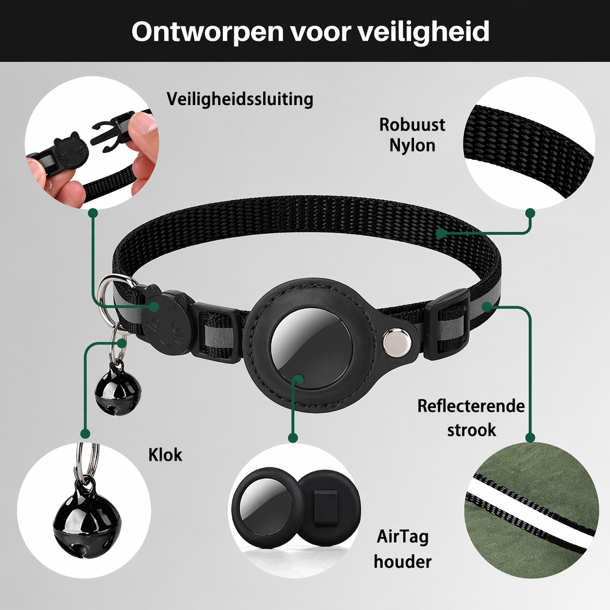 CAT GPS-trackerhalsbånd med hurtigudløser og reflekterende design for forbedret synlighed om natten