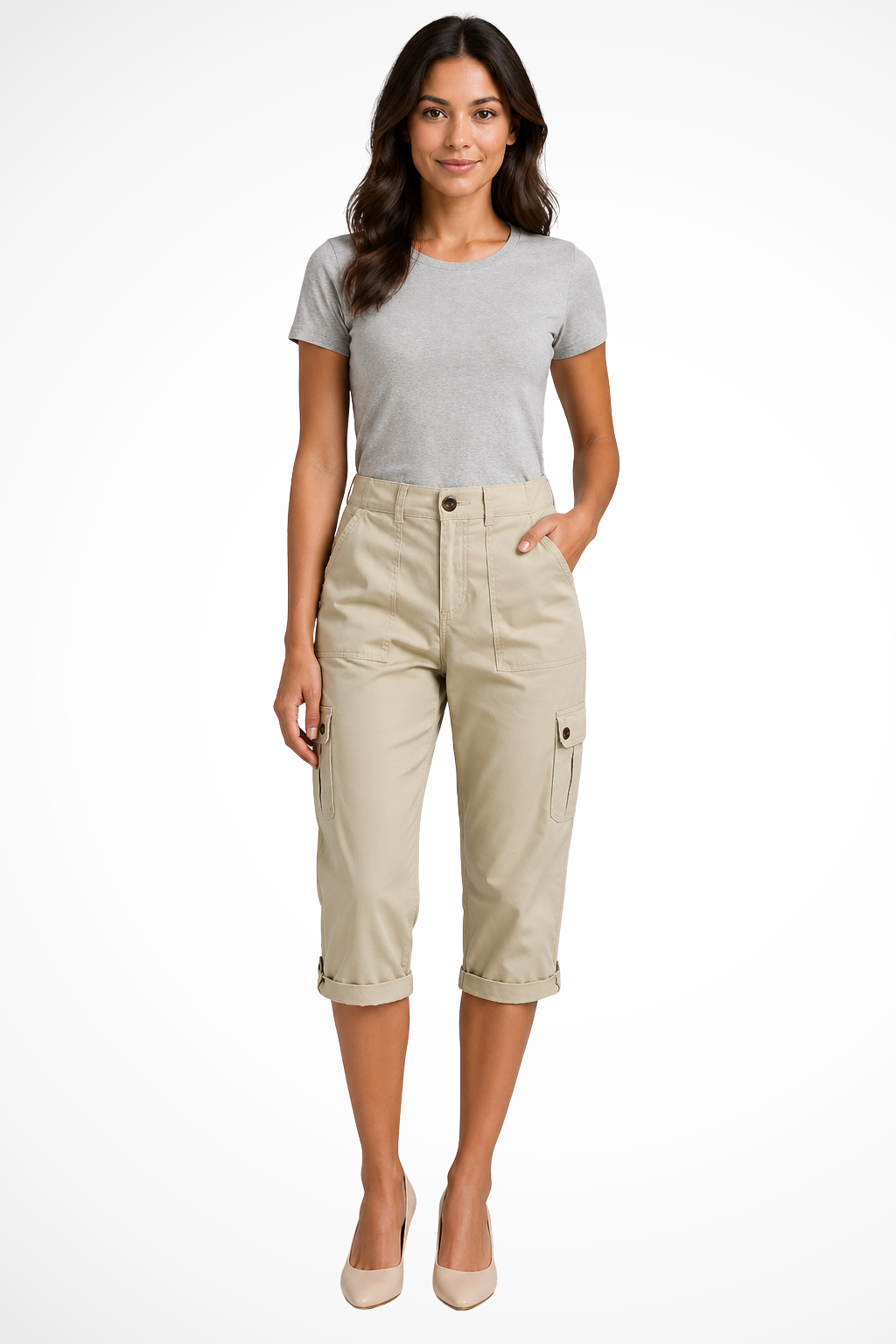 Dame Cargo Bukser - Cropped Design med Oprulningskant og Flere Lommer til Stilfuld Komfort 7