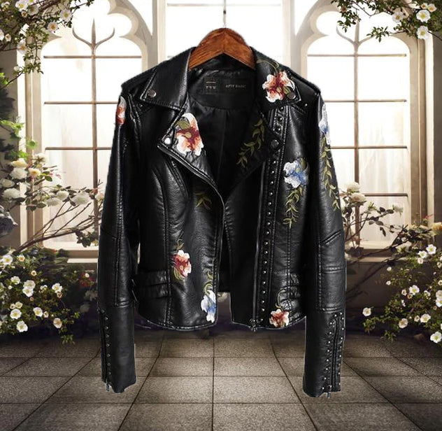 Dame bikerjakke med blomstermønster | Casual 0