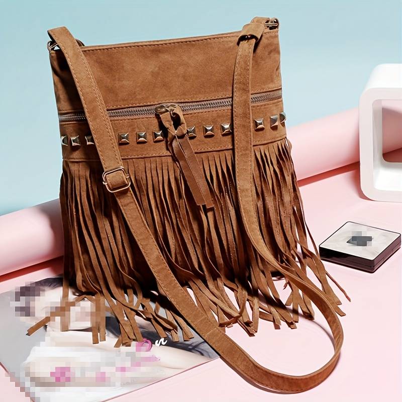 Dame vintage skuldertaske med frynser i retro bohemestil 0