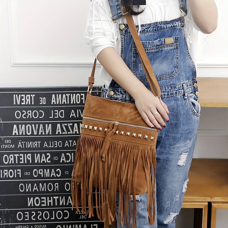 Dame vintage skuldertaske med frynser i retro bohemestil 1
