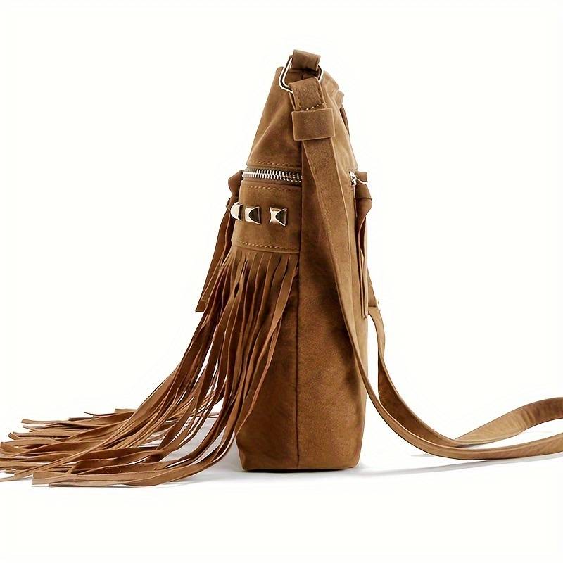 Dame vintage skuldertaske med frynser i retro bohemestil 2
