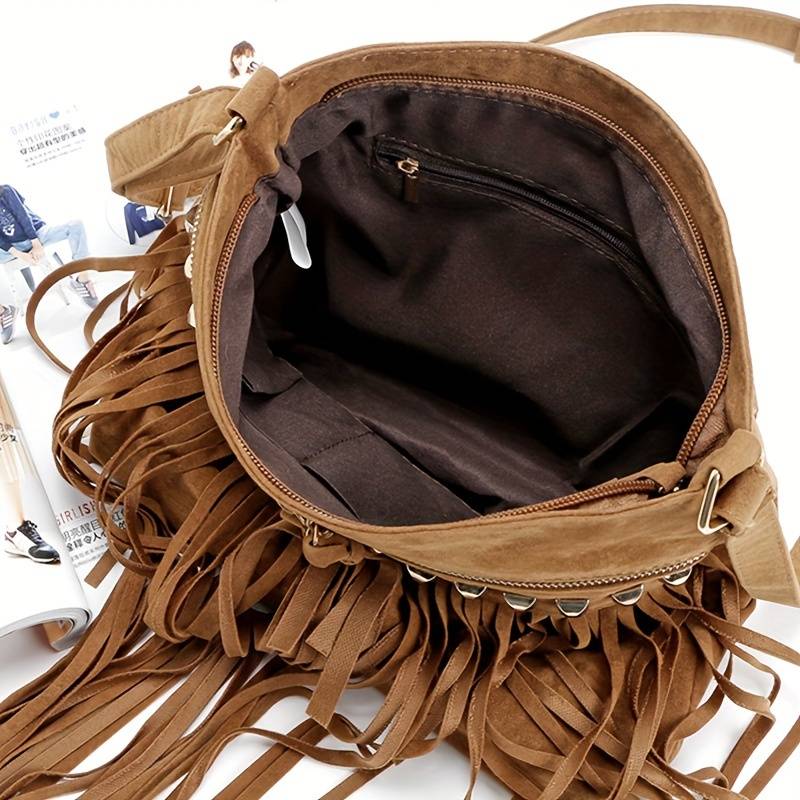 Dame vintage skuldertaske med frynser i retro bohemestil 3