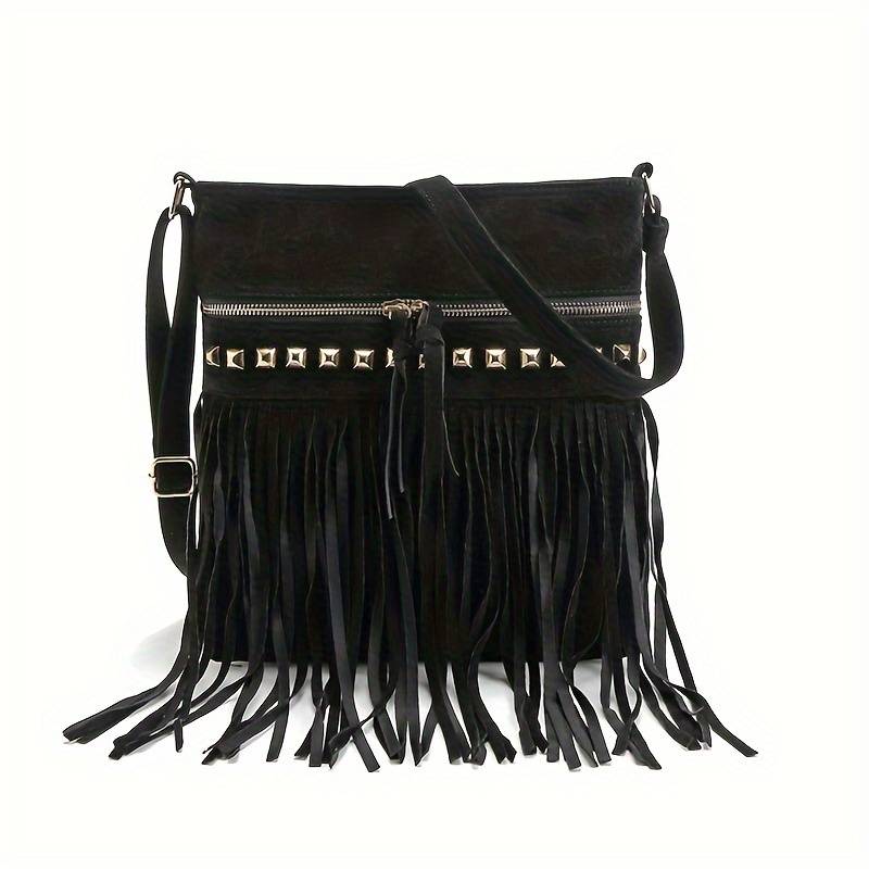 Dame vintage skuldertaske med frynser i retro bohemestil 4