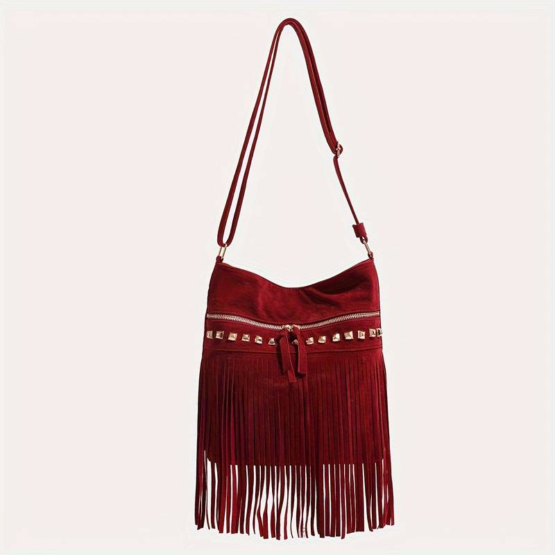 Dame vintage skuldertaske med frynser i retro bohemestil 5