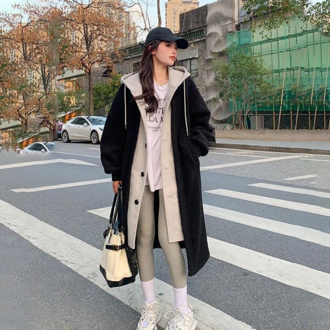 Dame vinterlang hættetrøje med oversize pasform | Button Down 1