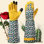 Damehavehandsker – Holdbar grøn blomsterprint, tornesikker kohudhandske med touchscreen-funktion, åndbart havearbejdstilbehør 1