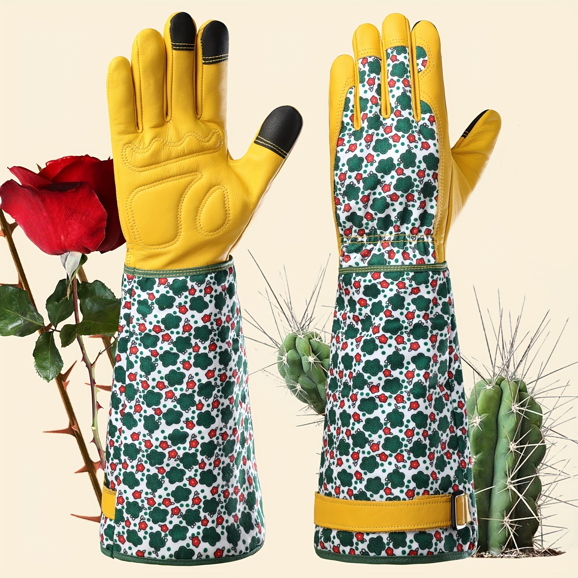 Damehavehandsker – Holdbar grøn blomsterprint, tornesikker kohudhandske med touchscreen-funktion, åndbart havearbejdstilbehør 1