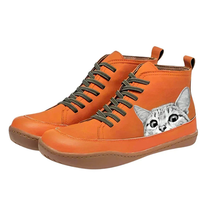 Damen Ankle Boots mit Katzenmotiv und Orthopädischer Arch Support Schnürung 0
