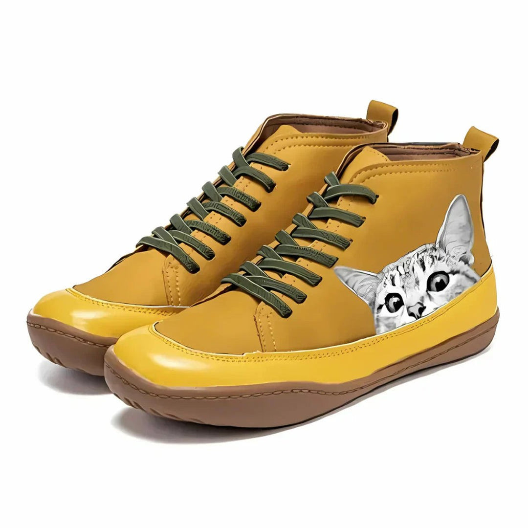Damen Ankle Boots mit Katzenmotiv und Orthopädischer Arch Support Schnürung 1