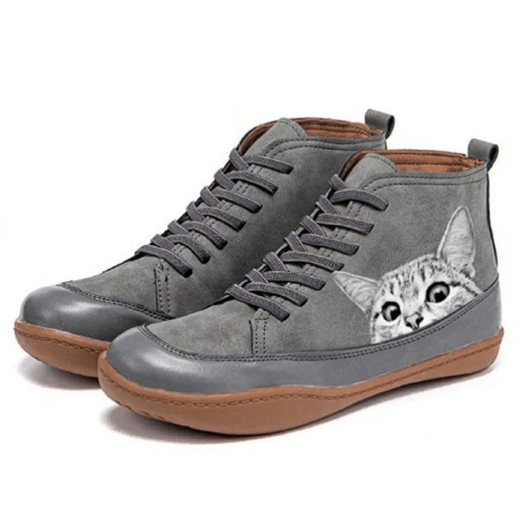 Damen Ankle Boots mit Katzenmotiv und Orthopädischer Arch Support Schnürung 2