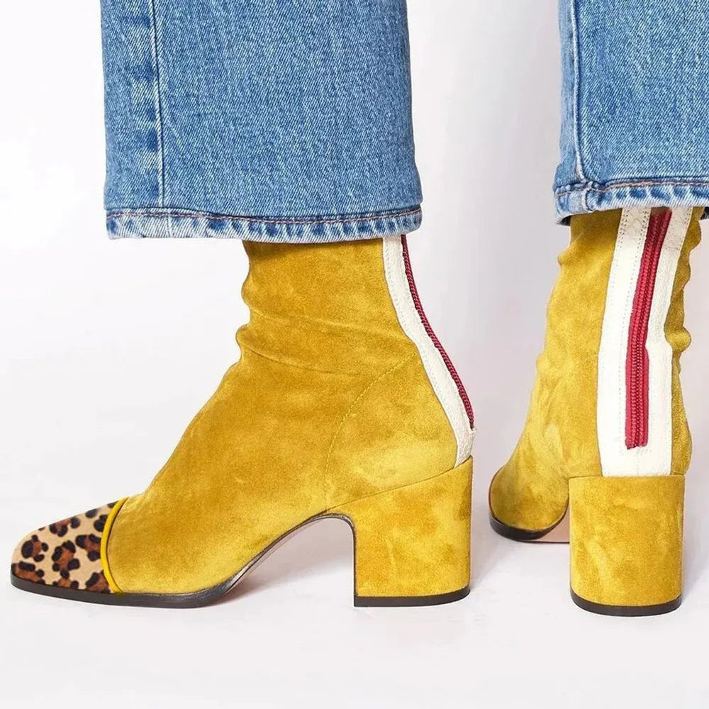 Damen Ankle Boots mit Orthopädischer Arch Support Veloursimitat Leopardenmuster Blockabsatz 1