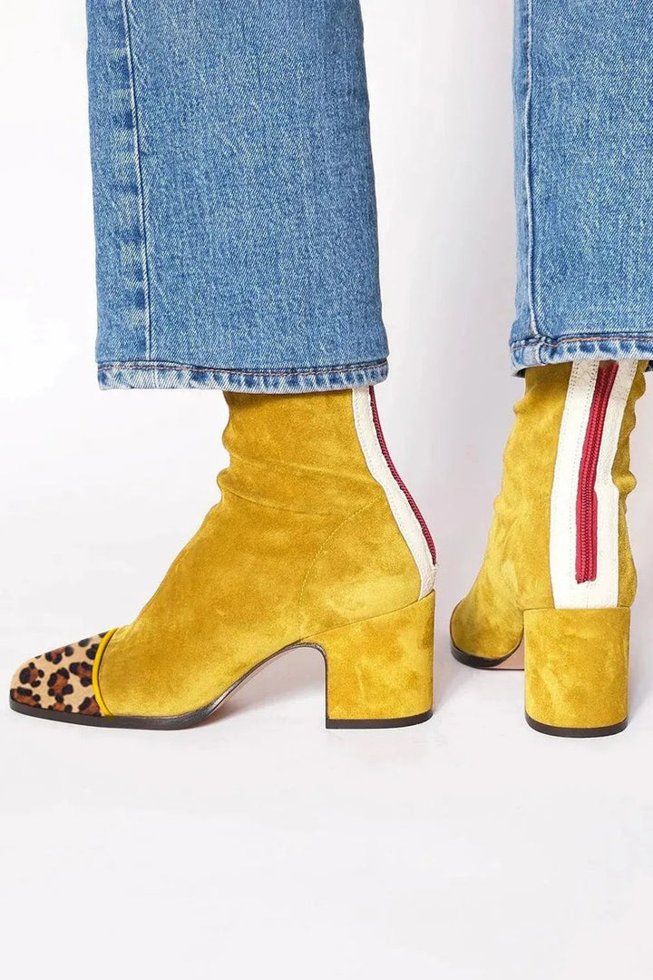 Damen Ankle Boots mit Orthopädischer Arch Support Veloursimitat Leopardenmuster Blockabsatz 8