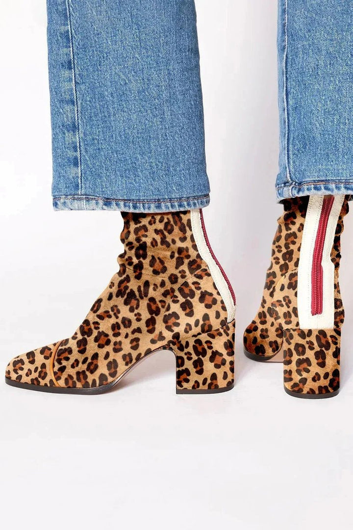 Damen Ankle Boots mit Orthopädischer Arch Support Veloursimitat Leopardenmuster Blockabsatz 9