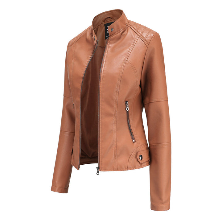Damen Bikerjacke Kunstleder Tailliert Reißverschluss Urbaner Stil 1