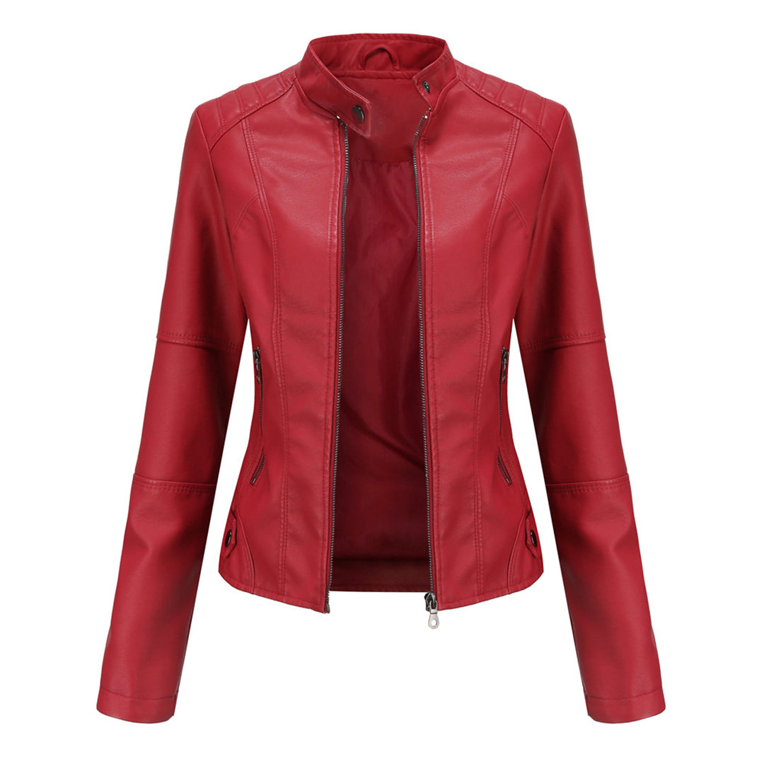 Damen Bikerjacke Kunstleder Tailliert Reißverschluss Urbaner Stil 2