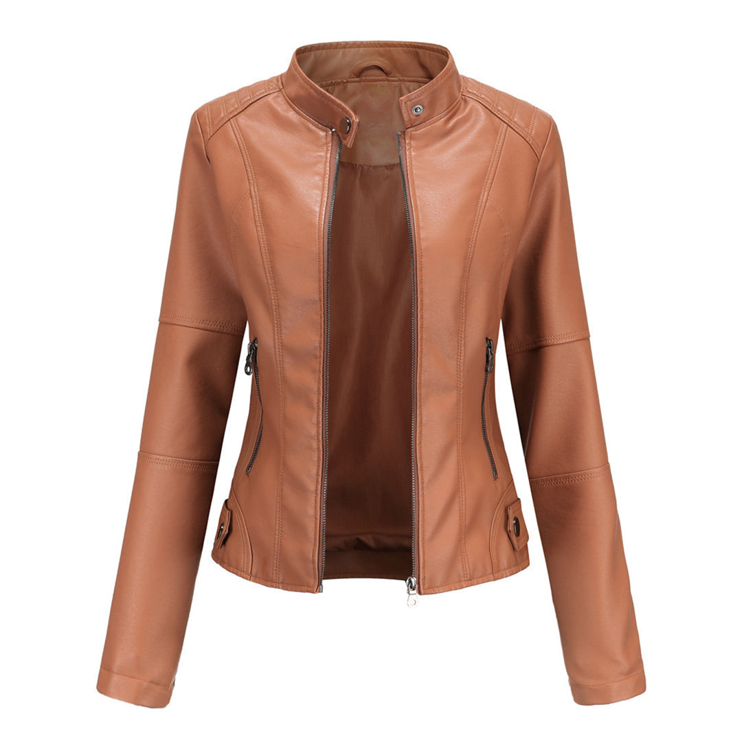 Damen Bikerjacke Kunstleder Tailliert Reißverschluss Urbaner Stil 3