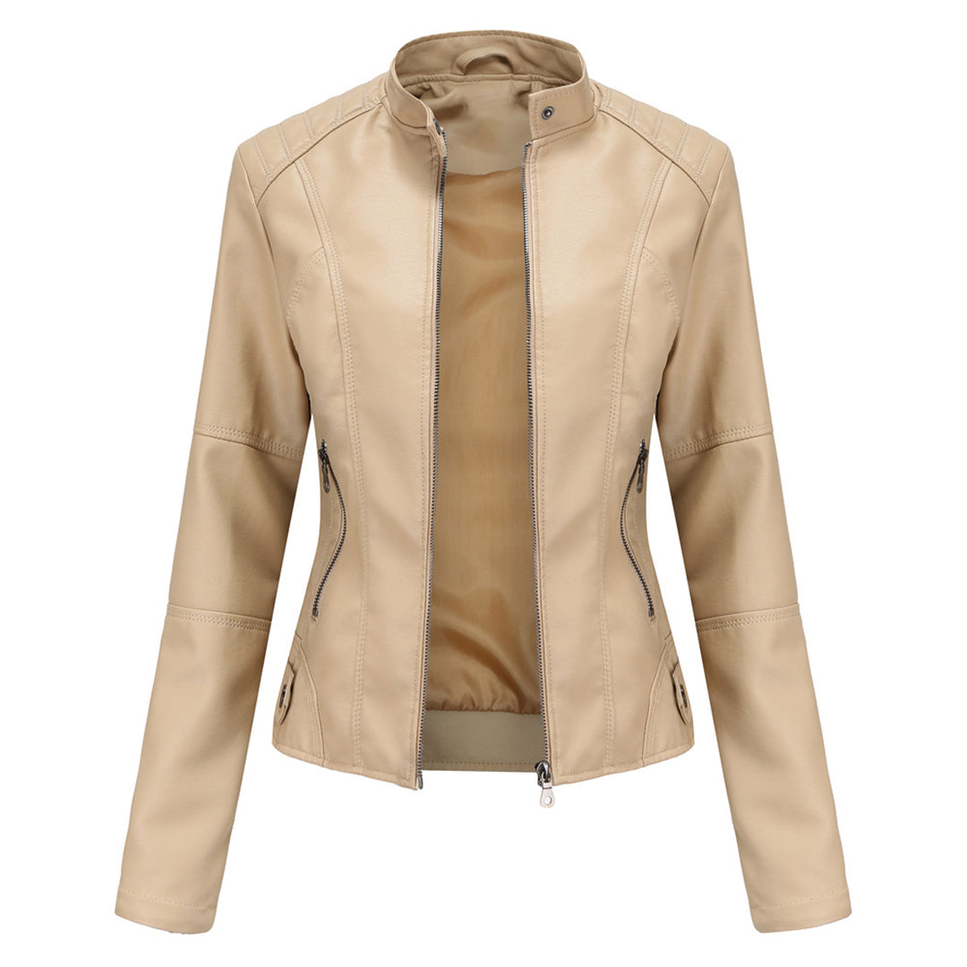 Damen Bikerjacke Kunstleder Tailliert Reißverschluss Urbaner Stil 4