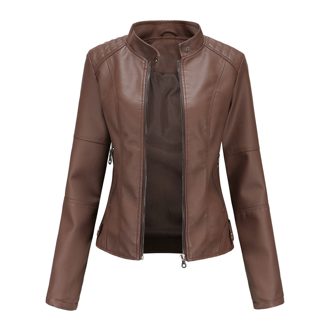 Damen Bikerjacke Kunstleder Tailliert Reißverschluss Urbaner Stil 5