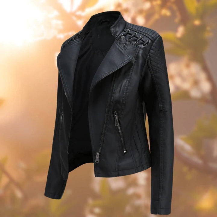 Damen Bikerjacke Kunstleder Tailliert mit Schulterdetail und Reißverschluss 0