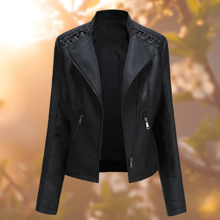 Damen Bikerjacke Kunstleder Tailliert mit Schulterdetail und Reißverschluss 1