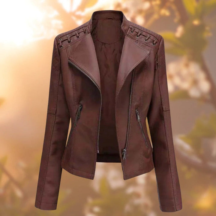Damen Bikerjacke Kunstleder Tailliert mit Schulterdetail und Reißverschluss 2