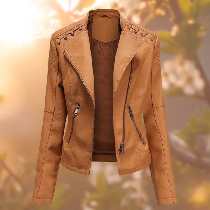 Damen Bikerjacke Kunstleder Tailliert mit Schulterdetail und Reißverschluss 3