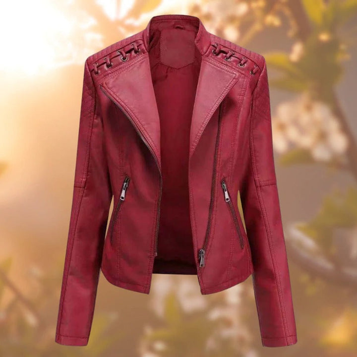 Damen Bikerjacke Kunstleder Tailliert mit Schulterdetail und Reißverschluss 4
