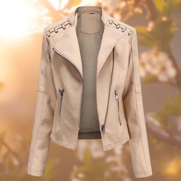 Damen Bikerjacke Kunstleder Tailliert mit Schulterdetail und Reißverschluss 5