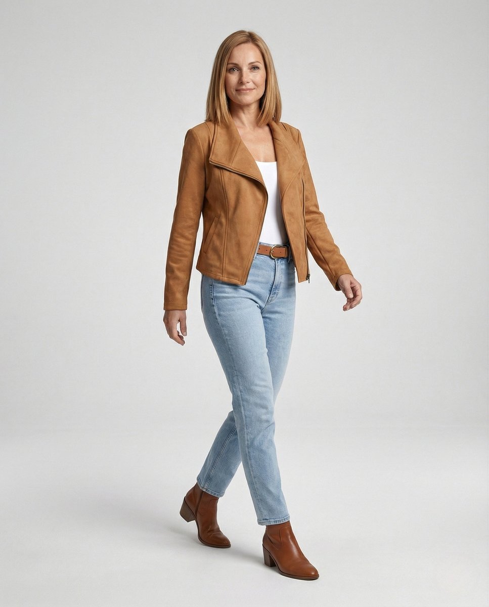 Damen Bikerjacke Kunstleder Wildlook mit Asymmetrischem Reißverschluss Tailliert 1