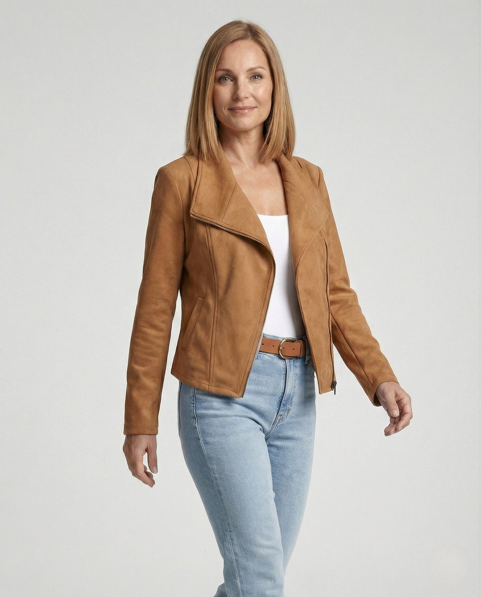 Damen Bikerjacke Kunstleder Wildlook mit Asymmetrischem Reißverschluss Tailliert 2
