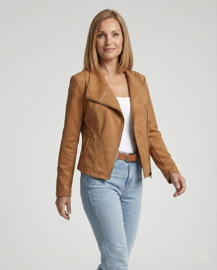 Damen Bikerjacke Kunstleder Wildlook mit Asymmetrischem Reißverschluss Tailliert 2
