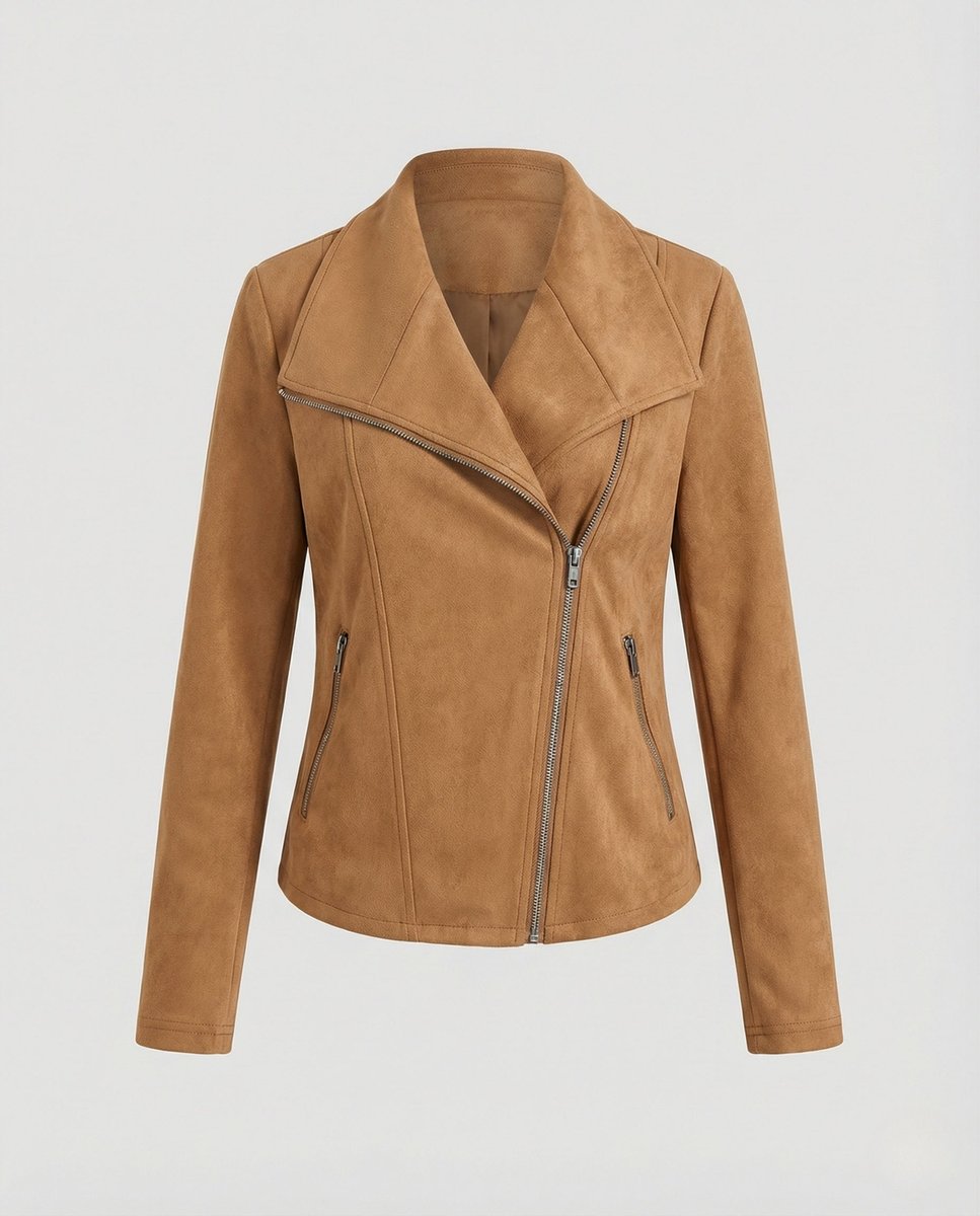 Damen Bikerjacke Kunstleder Wildlook mit Asymmetrischem Reißverschluss Tailliert 5