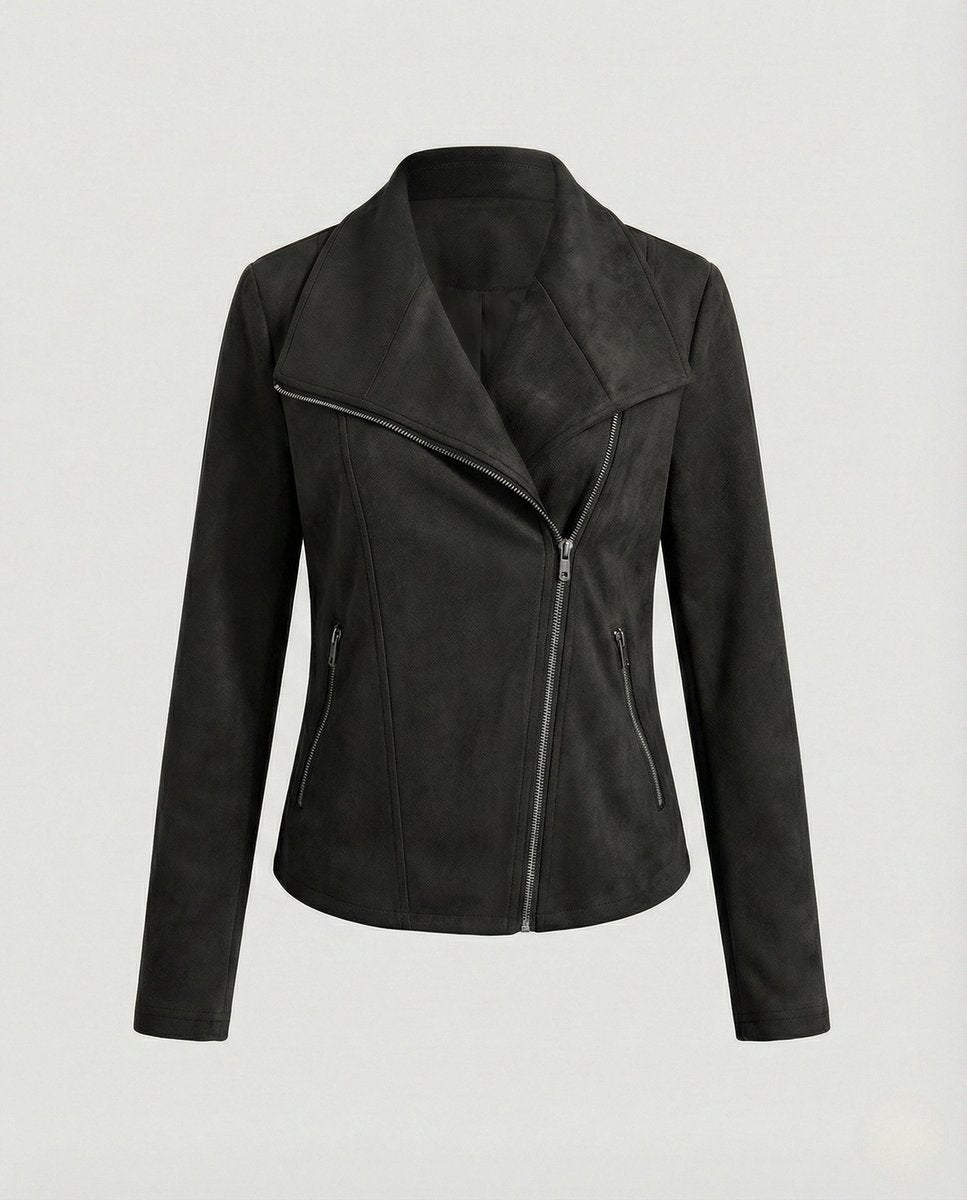 Damen Bikerjacke Kunstleder Wildlook mit Asymmetrischem Reißverschluss Tailliert 7
