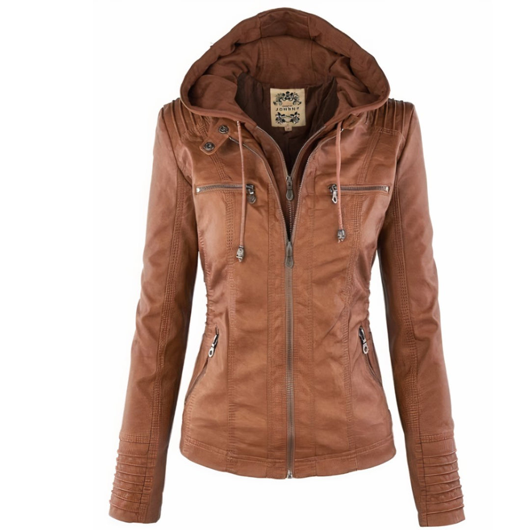 Damen Bikerjacke Kunstleder mit Abnehmbarer Kapuze und Thermofutter für Herbst und Winter 0