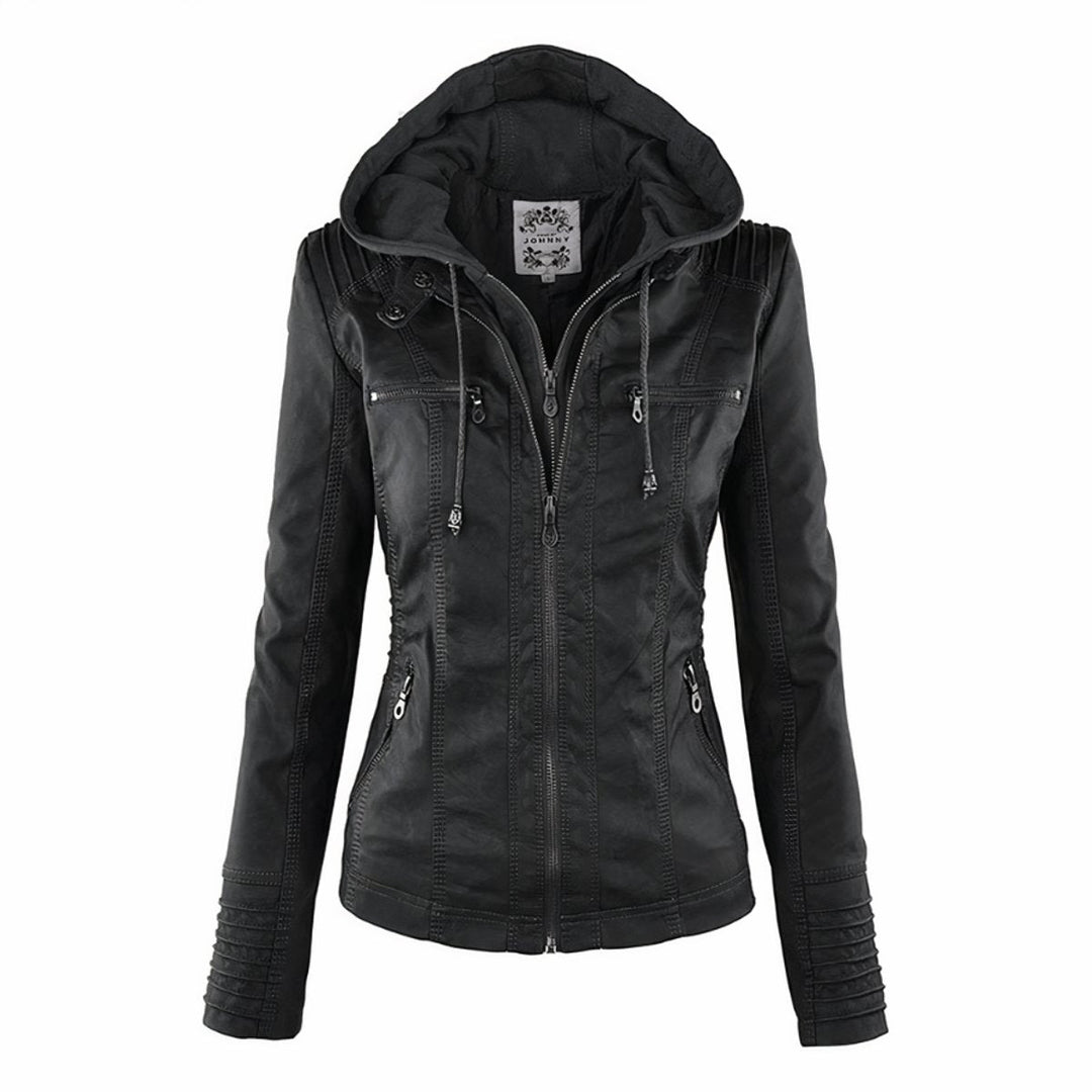 Damen Bikerjacke Kunstleder mit Abnehmbarer Kapuze und Thermofutter für Herbst und Winter 1