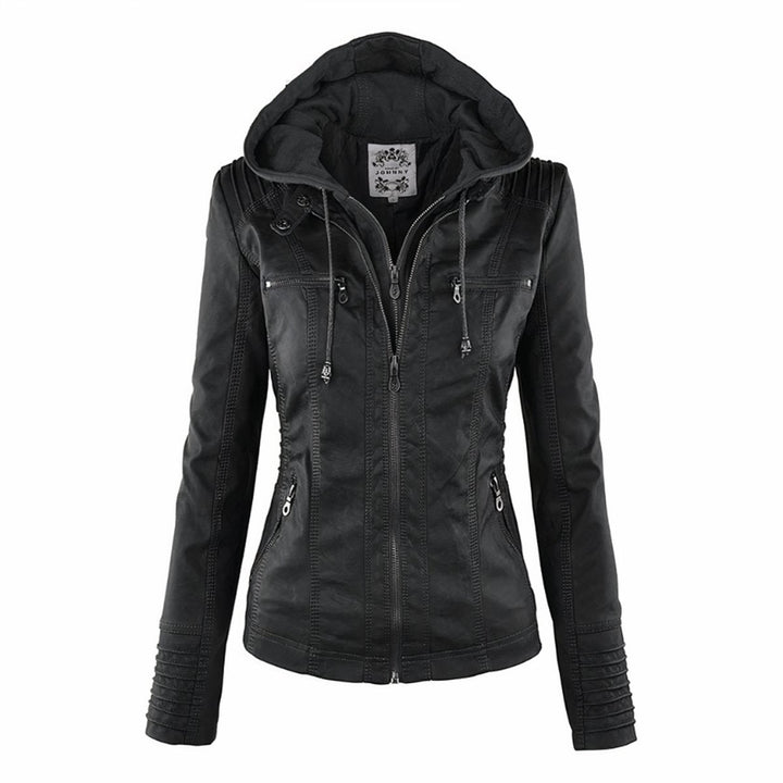 Damen Bikerjacke Kunstleder mit Abnehmbarer Kapuze und Thermofutter für Herbst und Winter 1