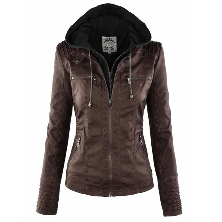 Damen Bikerjacke Kunstleder mit Abnehmbarer Kapuze und Thermofutter für Herbst und Winter 2