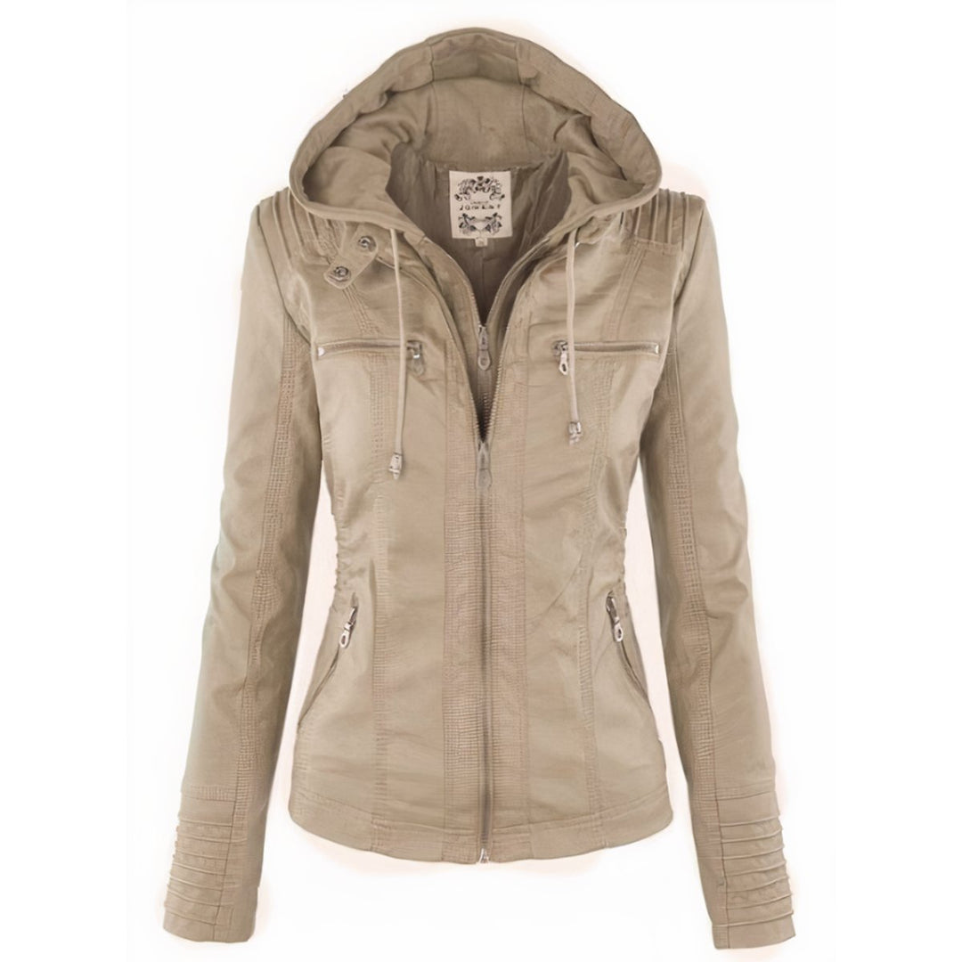 Damen Bikerjacke Kunstleder mit Abnehmbarer Kapuze und Thermofutter für Herbst und Winter 3