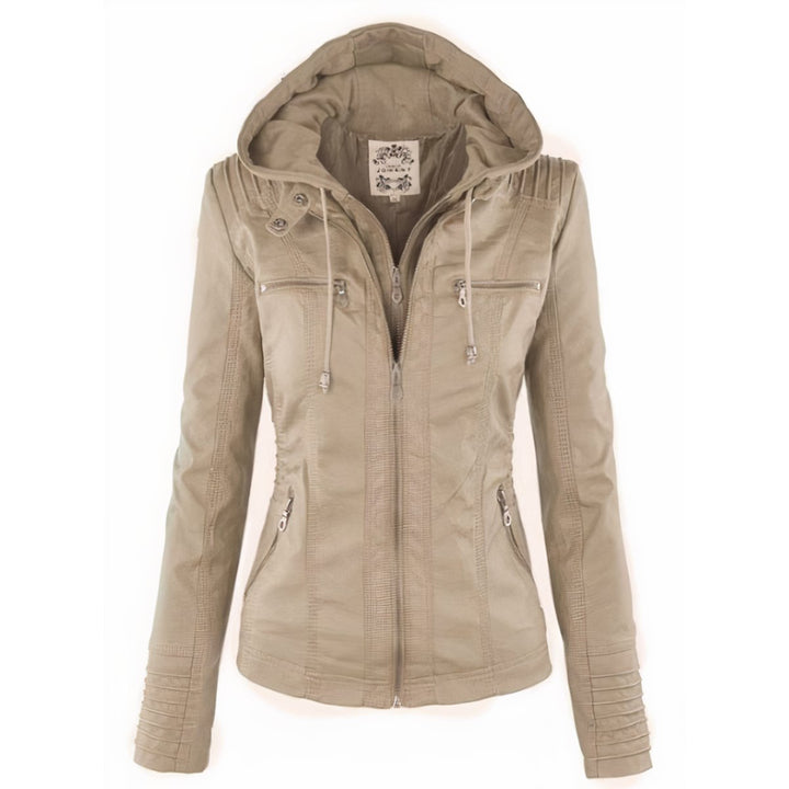 Damen Bikerjacke Kunstleder mit Abnehmbarer Kapuze und Thermofutter für Herbst und Winter 3