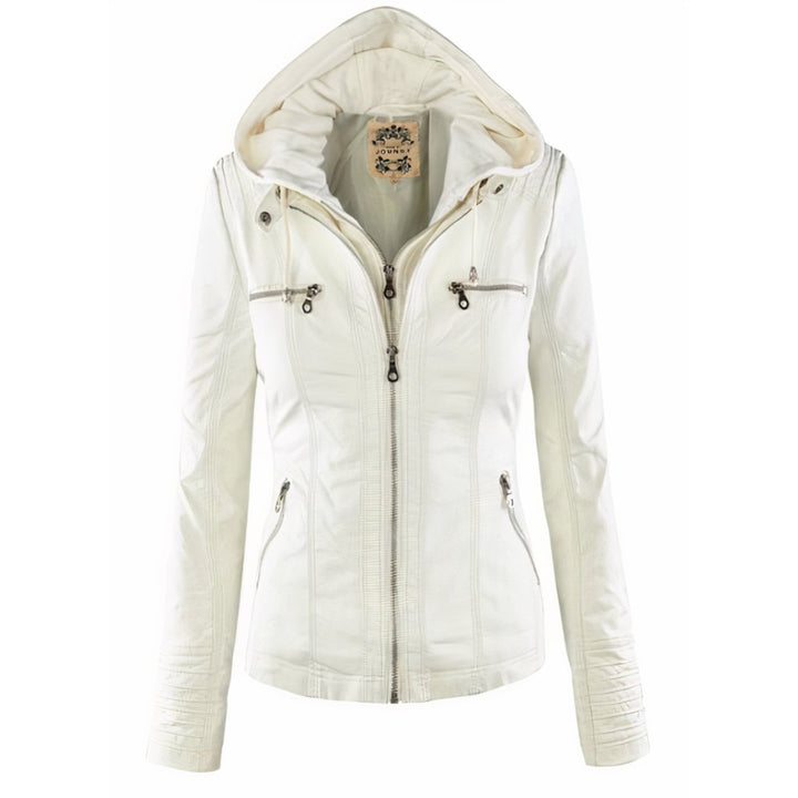 Damen Bikerjacke Kunstleder mit Abnehmbarer Kapuze und Thermofutter für Herbst und Winter 4
