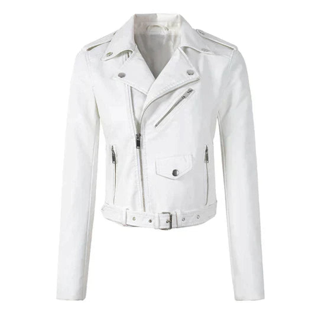 Damen Bikerjacke Kurzjacke Kunstleder Tailliert mit Reißverschluss und Gürtel 0