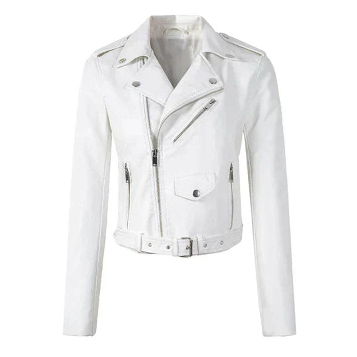 Damen Bikerjacke Kurzjacke Kunstleder Tailliert mit Reißverschluss und Gürtel 0