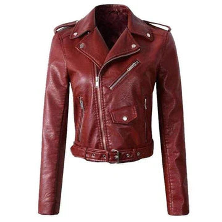 Damen Bikerjacke Kurzjacke Kunstleder Tailliert mit Reißverschluss und Gürtel 1