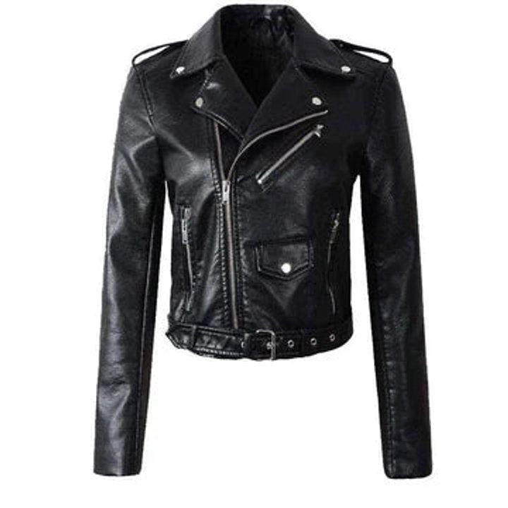 Damen Bikerjacke Kurzjacke Kunstleder Tailliert mit Reißverschluss und Gürtel 2